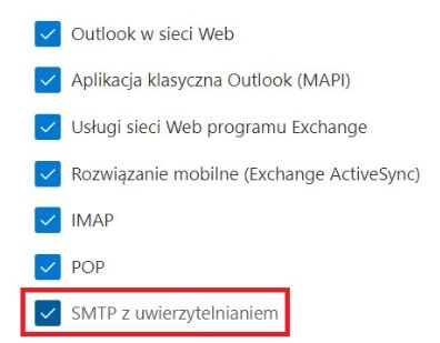 Widok opcji SMTP z uwierzytelnieniem w Microsoft Outlook