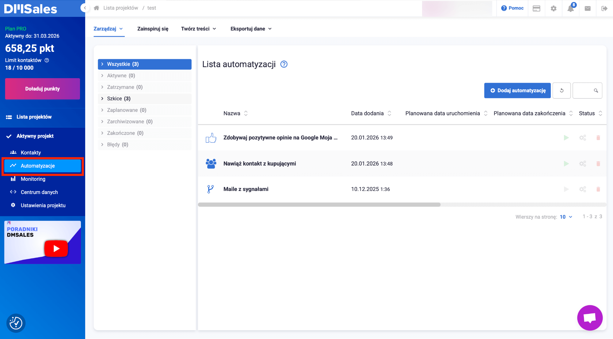 Sekcja menu: Automatyzacje