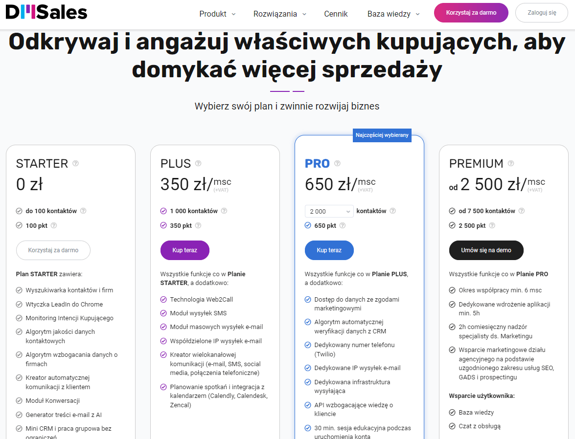 Obraz przedstawia 4 oferty z cennika dmsales