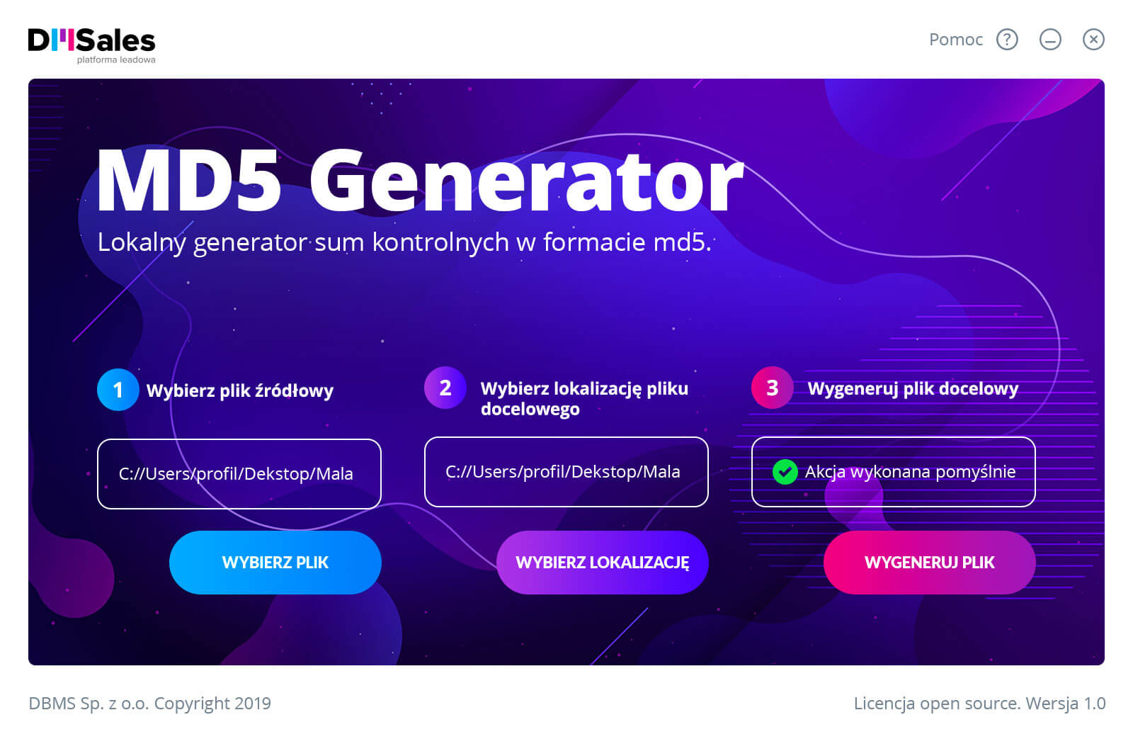 Zrzut ekranu aplikacji MD Generator