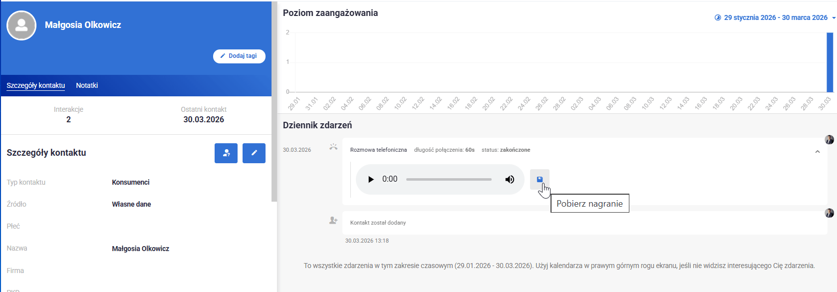 nagranie w dzienniku zdarzeń